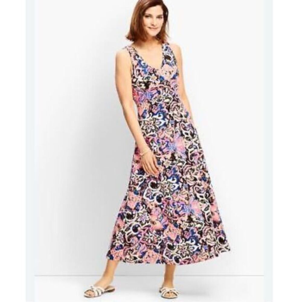Talbots Maxi Dress Womens Large Pink Blue Black Jersey Sleeveless Scroll Print